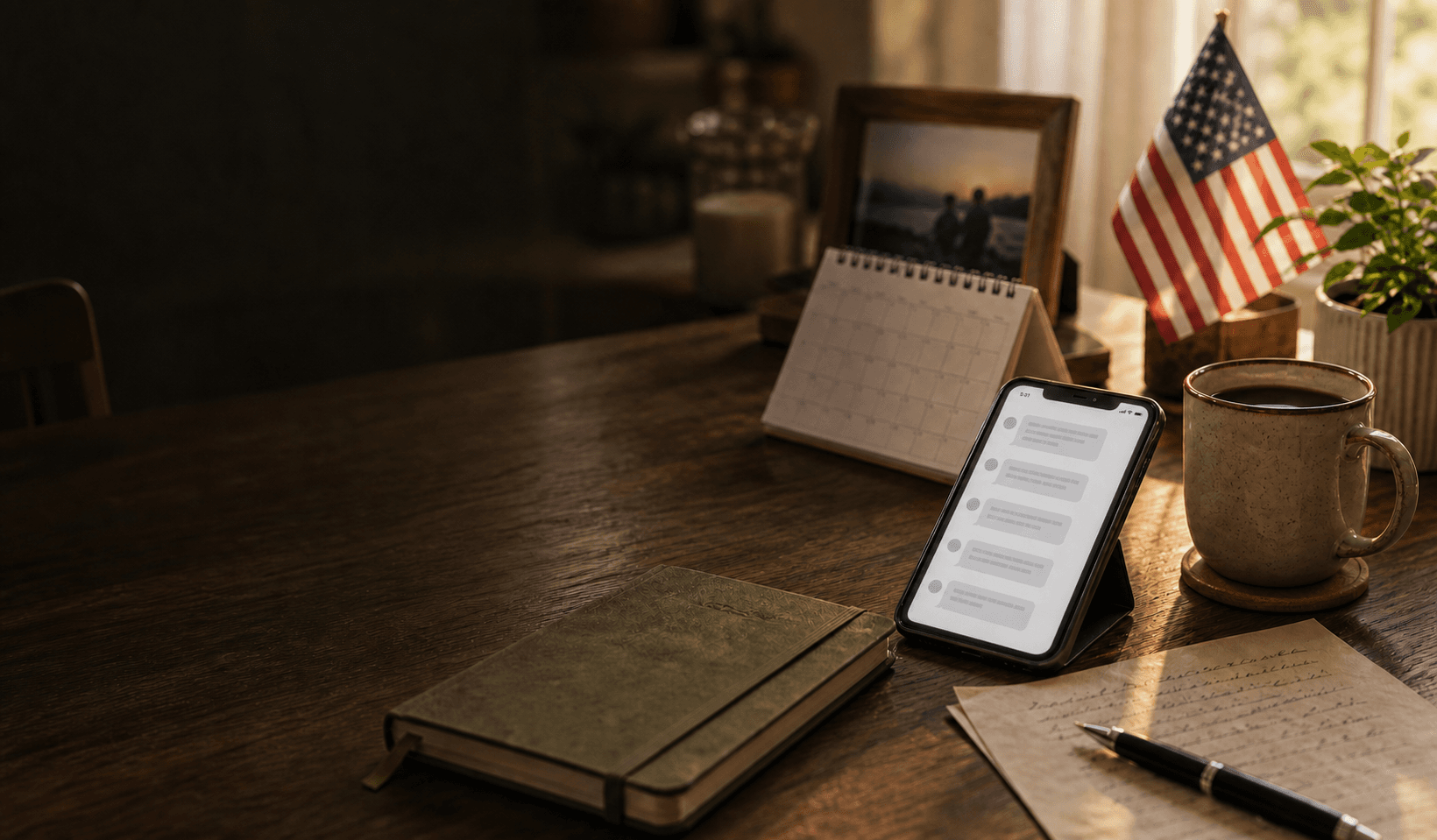 A phone showing a daily boot camp briefing beside a calendar, a handwritten letter, and a small American flag
